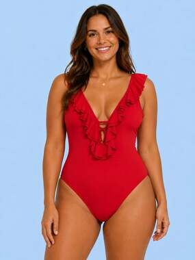 Michael Kors Women's Red Ruffle V-Neck One-Piece Swimsuit